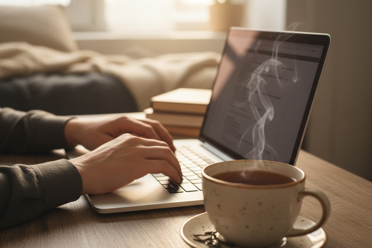 someone typing on a laptop with a cup of tea next to their hands